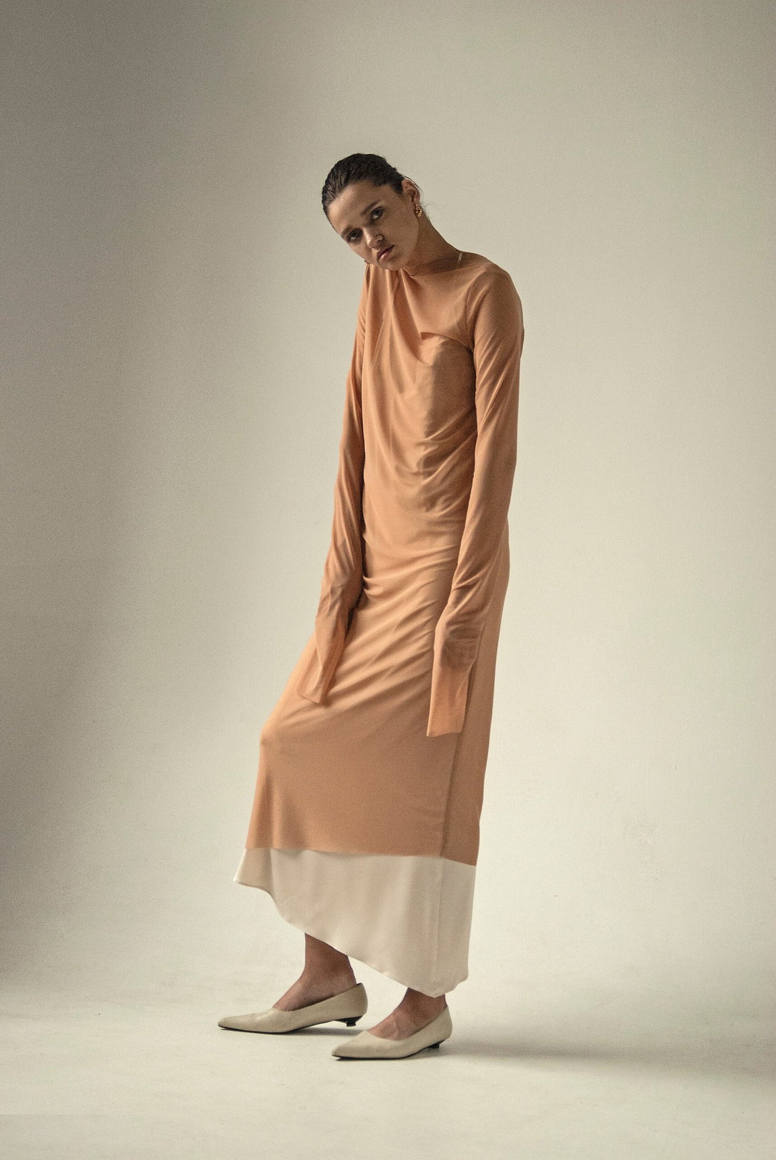 AP008 - Endless Sleeves Nude Tulle Dress - Image 5