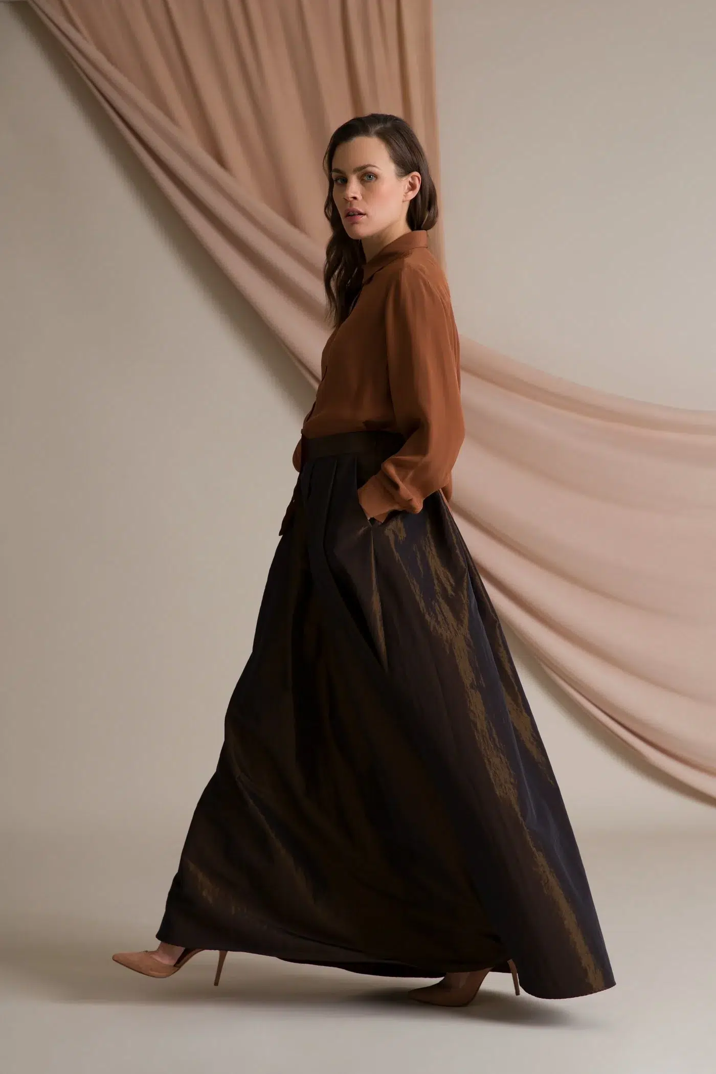 AP004 - Elena Wide Hem Maxi Skirt Dark Brown